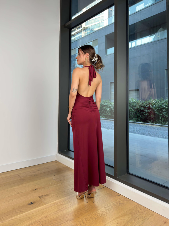 V Yaka Boyundan Bağlamalı Drapeli Despac Bordo Kadın Elbise 25Y443