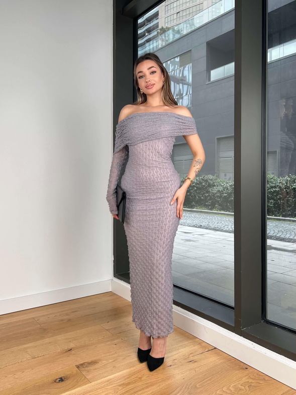 Madonna Yaka Tek Kol Detlev Gri Kadın Elbise 25Y045