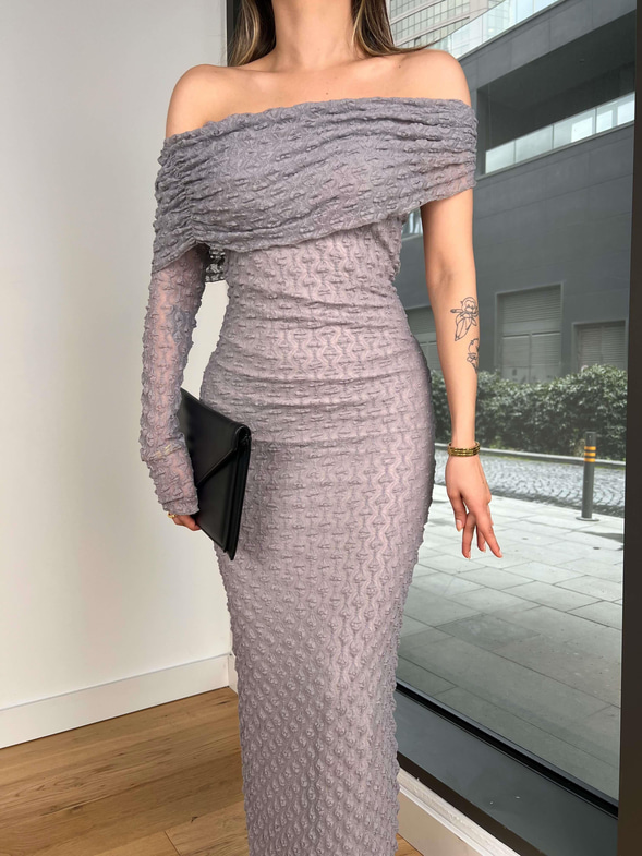 Madonna Yaka Tek Kol Detlev Gri Kadın Elbise 25Y045