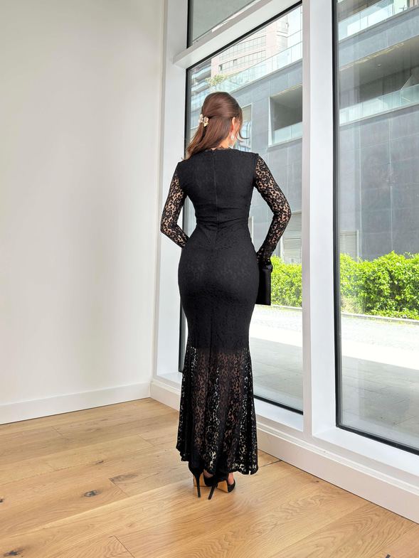 V Yaka Dantel Dinho Kadın Siyah elbise 24Y404