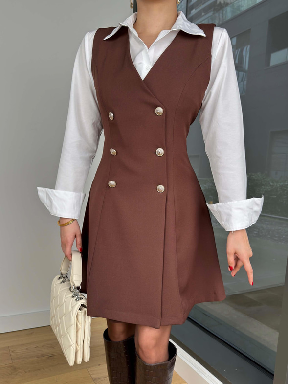 Kruvaze Yaka Düğmeli Divon Kahve Kadın Mini Elbise 25K466