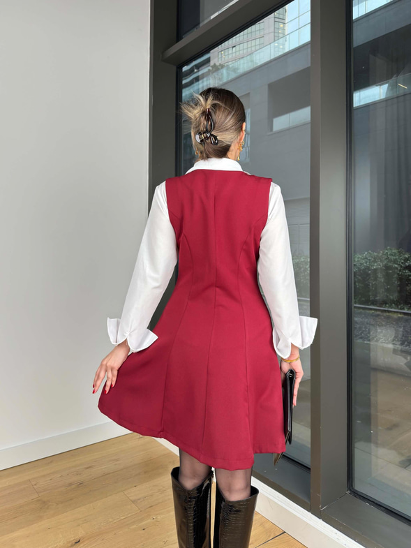 Kruvaze Yaka Düğmeli Divon Bordo Kadın Mini Elbise 25K466