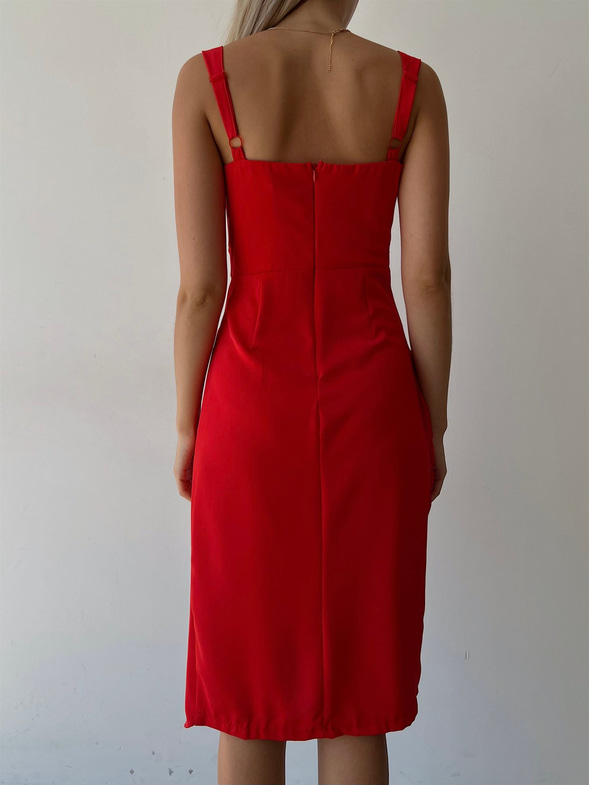 Drapeli Kalın Askı Eteği Kruvaze Paolina Kadın Kırmızı Elbise 22K000535