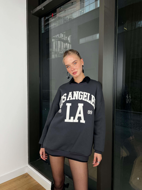 Bisiklet Yaka Los Angelas Yazılı Dust Kadın Antrasit Sweatshirt 24k000193
