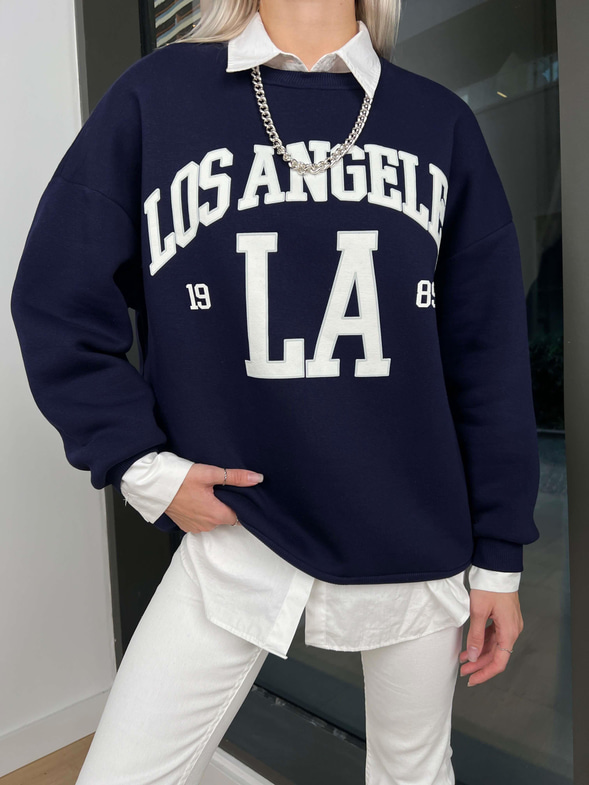 Bisiklet Yaka Los Angelas Yazılı Dust Kadın Lacivert Sweatshirt 24k000193