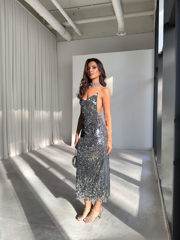 Askılı Sırtı Çapraz Earle Gri Kadın Pullu Elbise 26K229