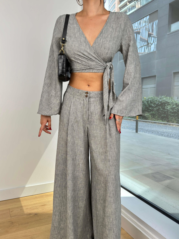 Kruvaze Bağlamalı Uzun Kollu Crop Düğme Kapamalı Bol Paça Pantolon Edina Kadın Gri Takım 24Y748
