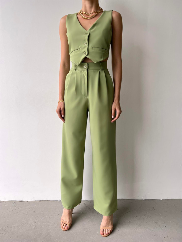Önü Düğmeli Crop Yelek Yüksek Bel Pens Detaylı Pantolon Eduarda Kadın Fıstık Yeşili Takım 23Y000471