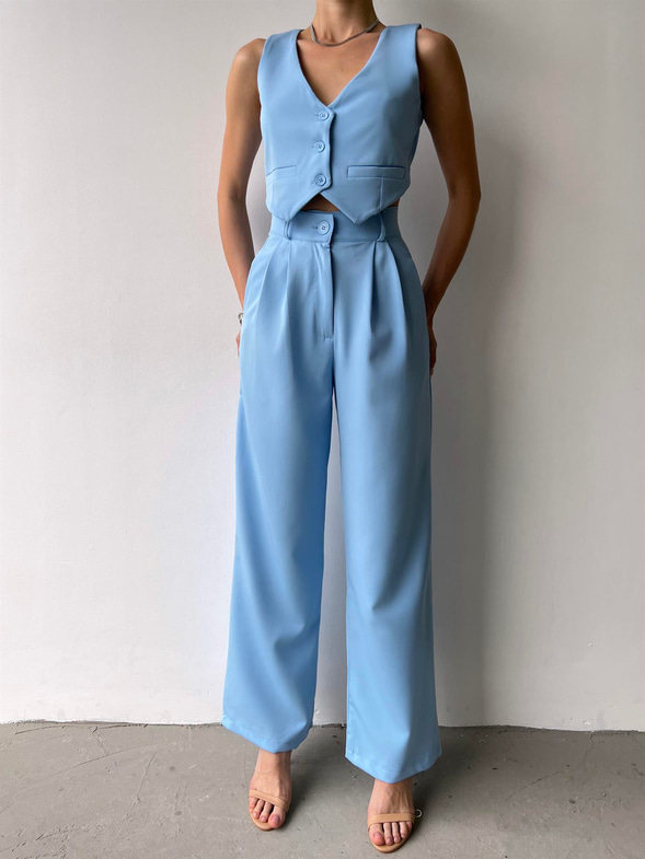 Önü Düğmeli Crop Yelek Yüksek Bel Pens Detaylı Pantolon Eduarda Kadın Mavi Takım 23Y000471