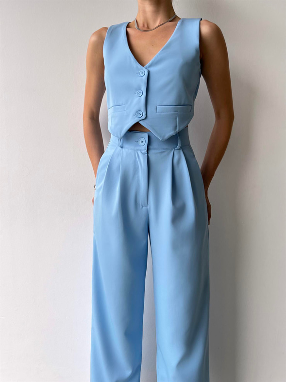 Önü Düğmeli Crop Yelek Yüksek Bel Pens Detaylı Pantolon Eduarda Kadın Mavi Takım 23Y000471