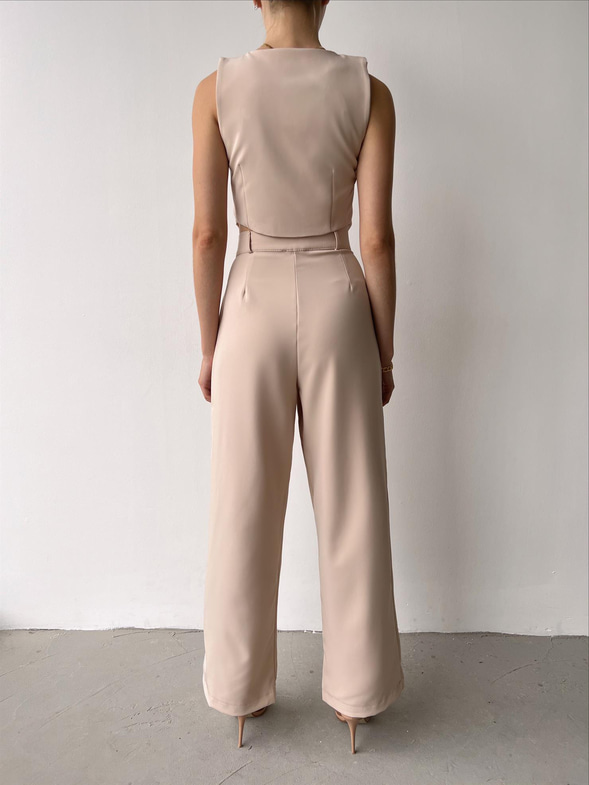 Önü Düğmeli Crop Yelek Yüksek Bel Pens Detaylı Pantolon Eduarda Kadın Taş Takım 23Y000471