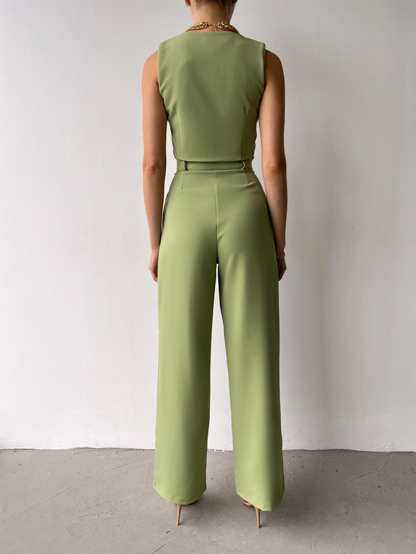 Önü Düğmeli Crop Yelek Yüksek Bel Pens Detaylı Pantolon Eduarda Kadın Fıstık Yeşili Takım 23Y000471