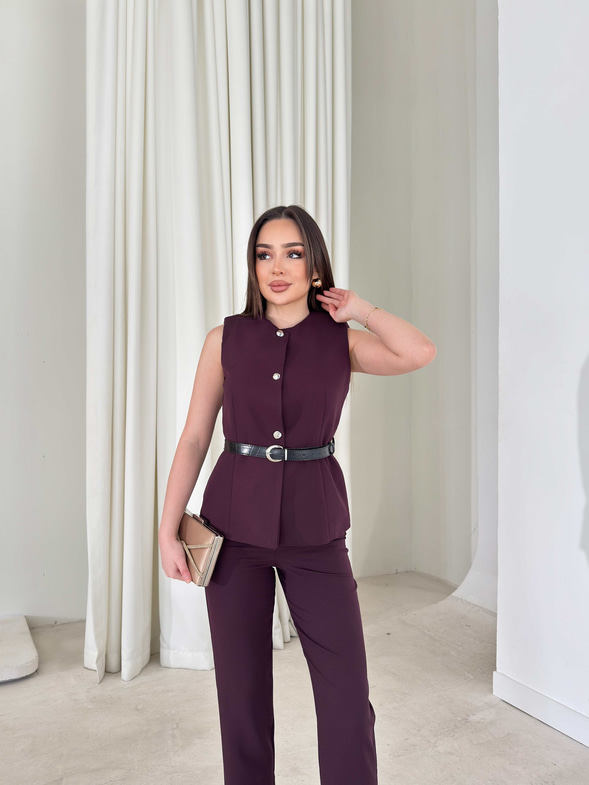 Kemerli Yeleği Cepli Mürdüm Elanor İkili Kadın Takım 26Y182