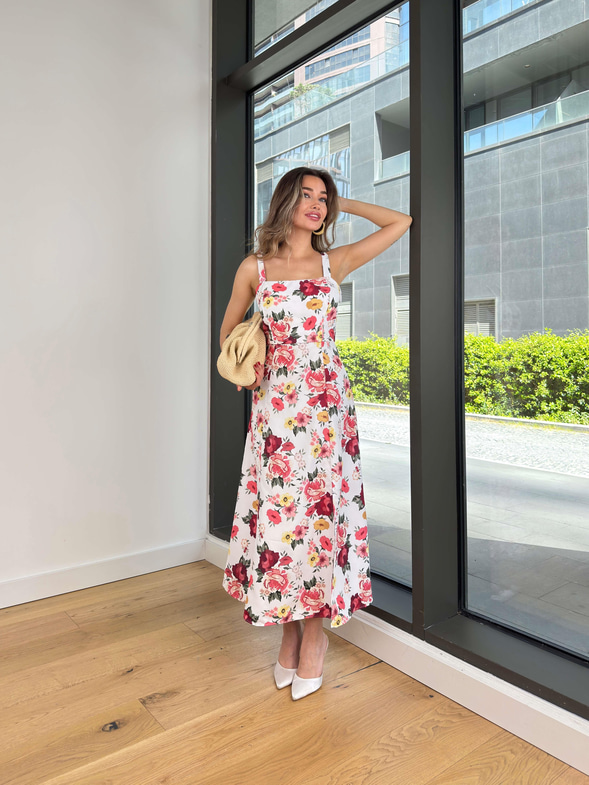 Kalın Askılı Kare Yaka Elia Renkli Çiçekli Kadın Elbise 25Y356