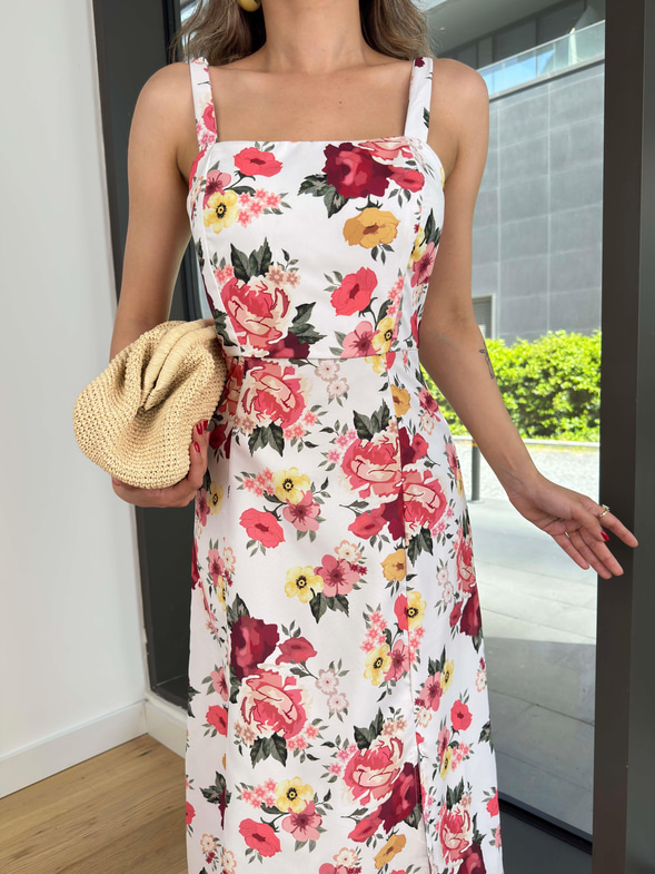 Kalın Askılı Kare Yaka Elia Renkli Çiçekli Kadın Elbise 25Y356