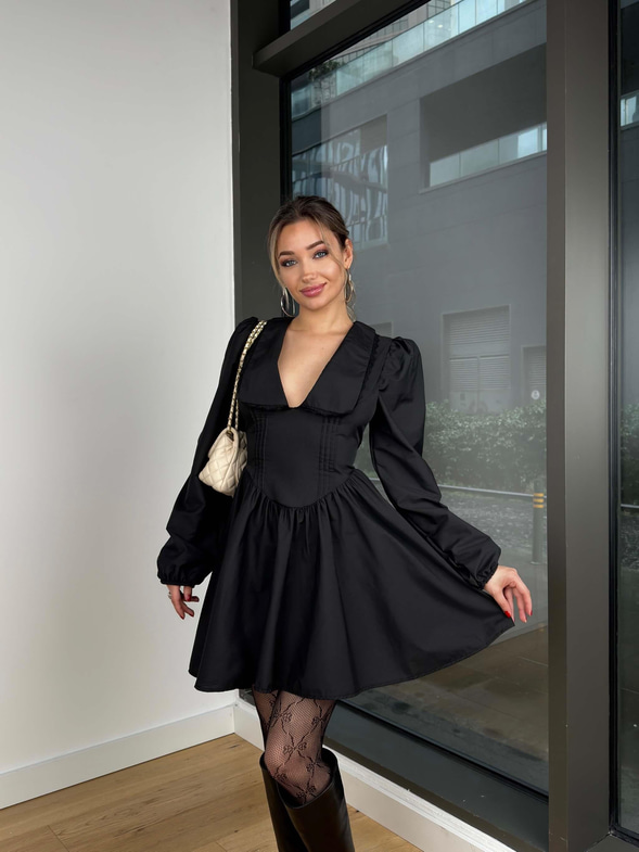 V Yaka Yaka Kısmı Dantel Detaylı Korse Görünümlü Uzun Kol Elindar Siyah Kadın Mini Elbise 25K471