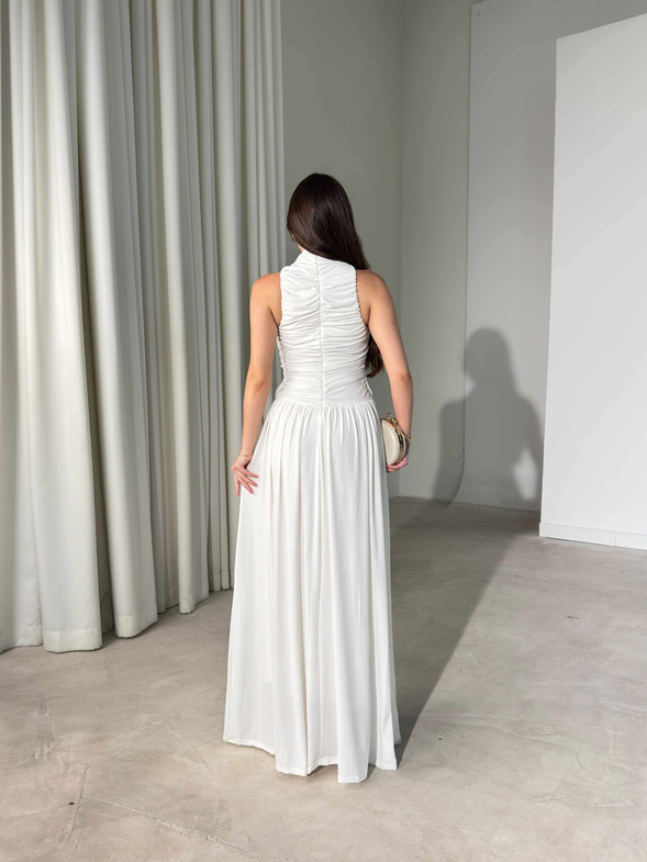 Drape Detaylı Boğazlı Maxi Boy Beyaz Elisha Kadın Elbise 26Y451
