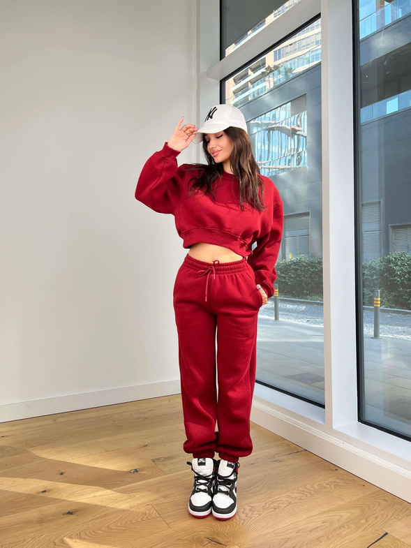 Bisiklet Yaka Crop Sweatshirt Bileği Lastikli Eşofman Altı Eliska Bordo Kadın Eşofman Takım 25K180