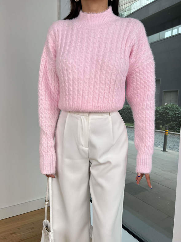 Yarım Balıkçı Yaka Örgü Görünümlü Elkin Pembe Kadın Crop Kazak 25K188