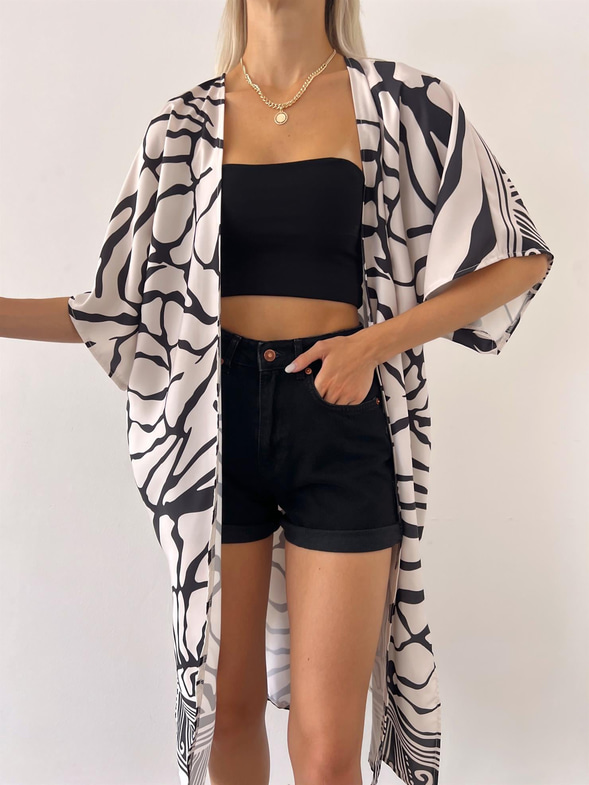 Belden Kuşaklı Yarım Bol Kol Ellin Kadın Siyah Kimono 23Y000545