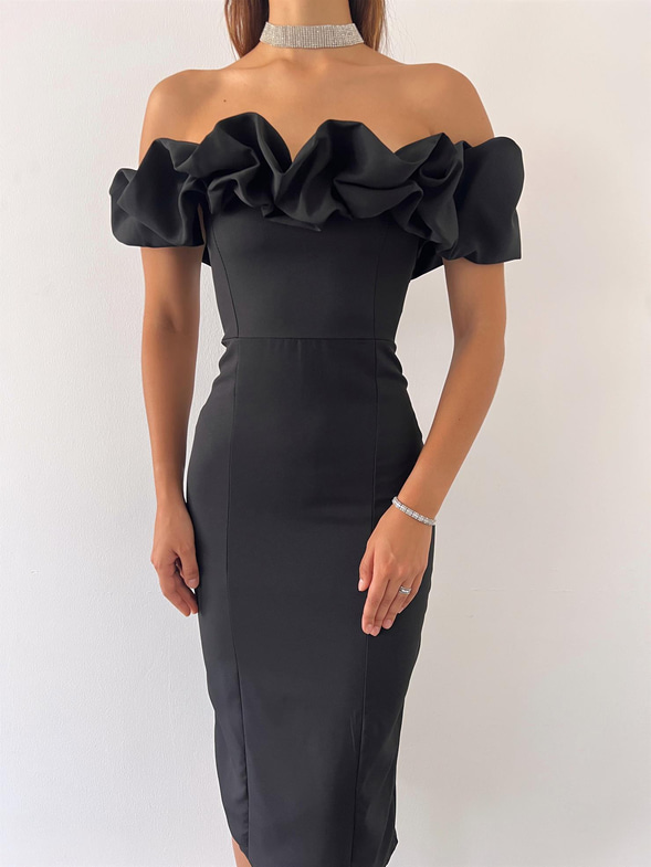 Madonna Yaka Elroy Kadın Siyah Midi Elbise 23Y000207