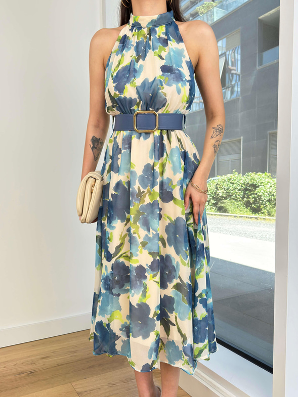 Yarım Boğazlı Beli Kemerli Elva Kadın Mavi Desenli Midi Elbise 24Y644