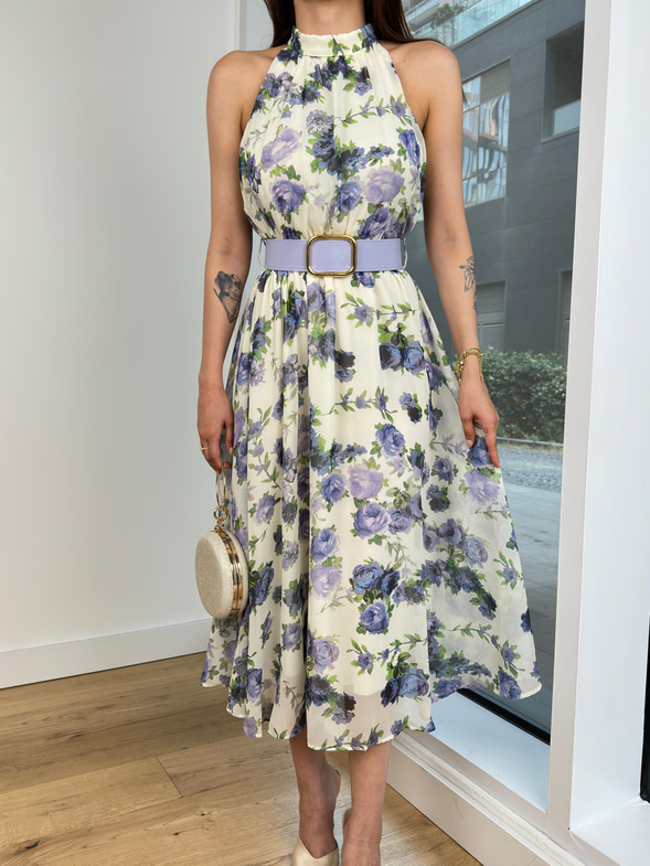 Yarım Boğazlı Beli Kemerli Elva Kadın Lila Desenli Midi Elbise 24Y644