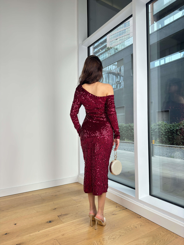 Tek Omuz Drapeli Payetli Engel Bordo Kadın Midi Elbise 25K339