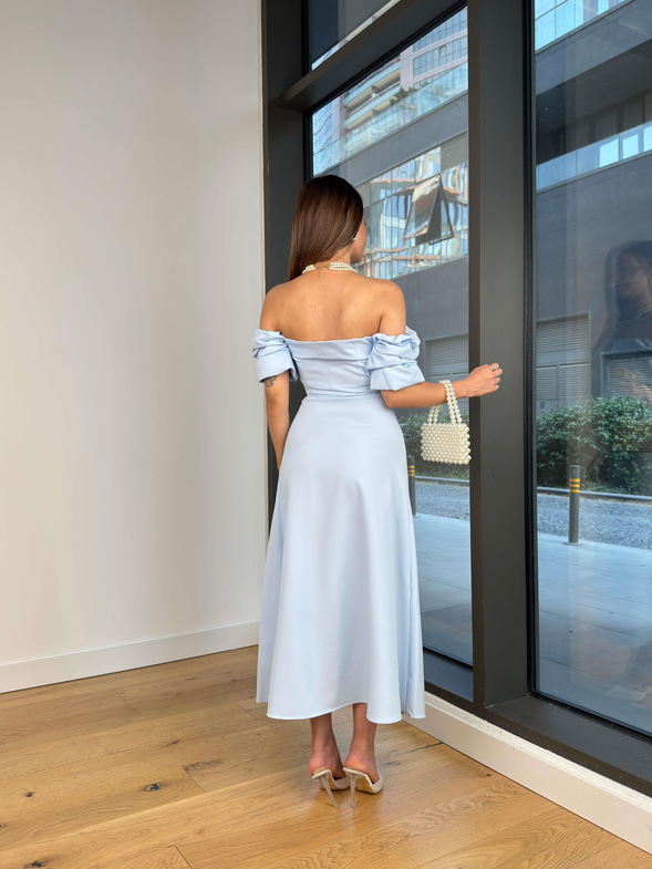 Balon Kol Belden Oturtmalı Engle Mavi Kadın Elbise 25Y521