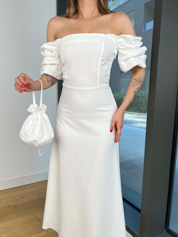 Balon Kol Belden Oturtmalı Engle Beyaz Kadın Elbise 25Y521