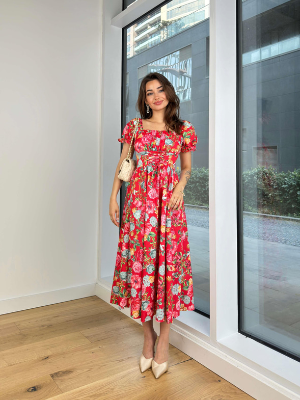 Balon Kol Kare Yaka Önü Büzgü Ve Çapraz Bağlama Detaylı Enni Kadın Kırmızı Elbise 24Y719