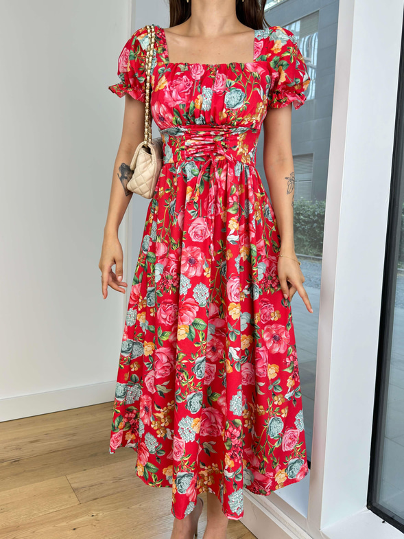 Balon Kol Kare Yaka Önü Büzgü Ve Çapraz Bağlama Detaylı Enni Kadın Kırmızı Elbise 24Y719