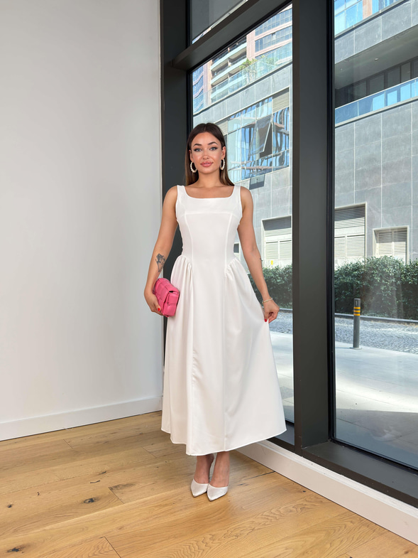 Kalın Askılı Kare Yaka Enual Beyaz Kadın Elbise 25Y522