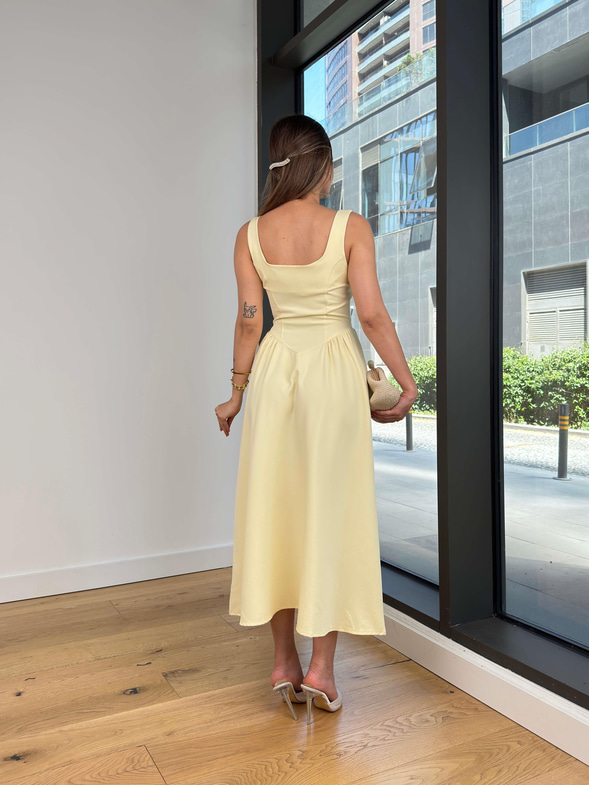 Kalın Askılı Kare Yaka Enual Sarı Kadın Elbise 25Y522