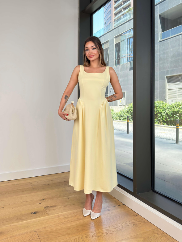 Kalın Askılı Kare Yaka Enual Sarı Kadın Elbise 25Y522