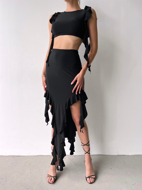 Kolsuz Crop Yüksek Bel Etek Ucu Fırfırlı Etek Ester Kadın Siyah Fırfırlı Takım 23Y000472