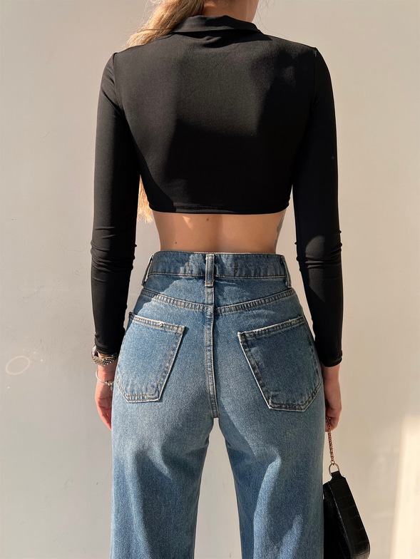 Eteği Üçgen Gömlek Yaka Göğüsü Pencere Candice Kadın Siyah Bluz 22Y000027