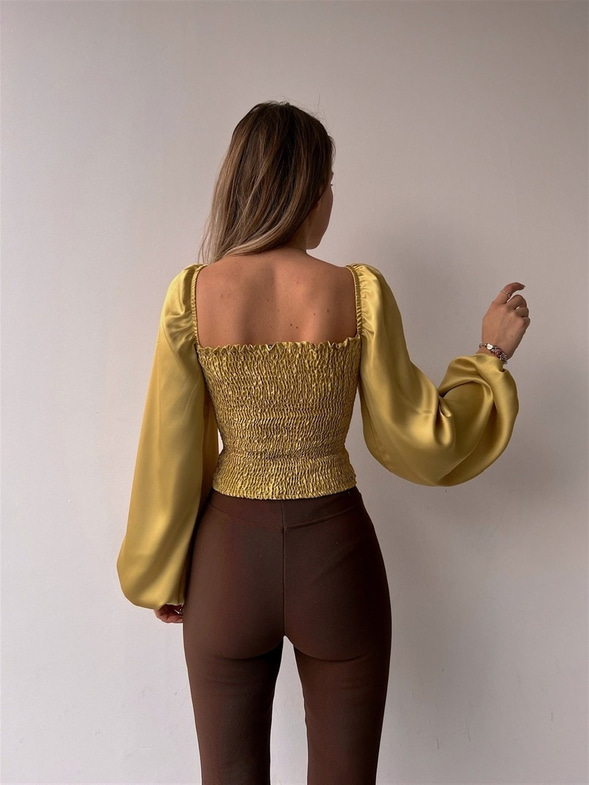 Etek Kısmı Bağcıklı Balon Kol Drape Alexa Kadın Sarı Bluz 22K000496