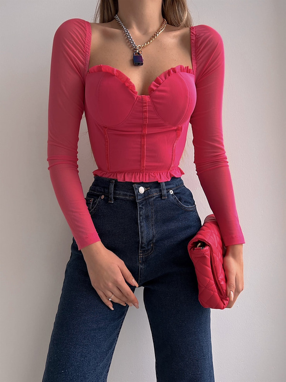 Etek Ve Göğüs Fırfır Detay Korse Lola Kadın Pembe Crop Bluz 22K000579