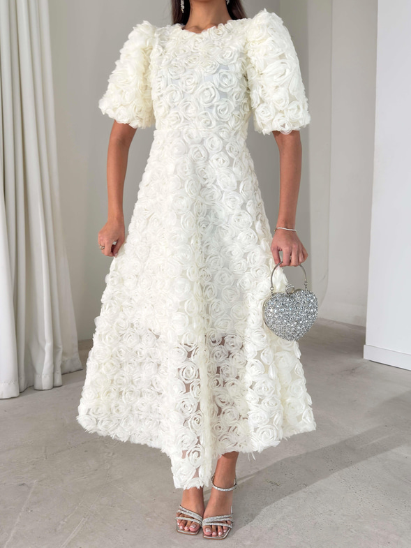 Gül Detaylı Astarlı Tül Ethereal Ekru Kadın Elbise 26K395