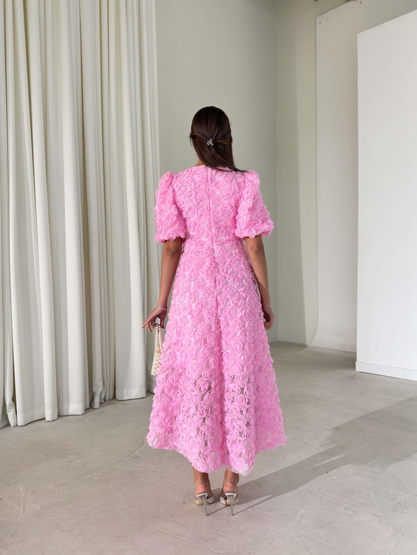 Gül Detaylı Astarlı Tül Ethereal Pembe Kadın Elbise 26K395