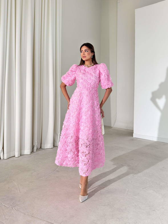 Gül Detaylı Astarlı Tül Ethereal Pembe Kadın Elbise 26K395