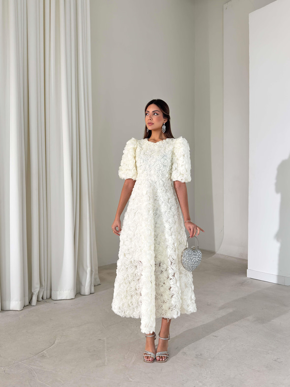 Gül Detaylı Astarlı Tül Ethereal Ekru Kadın Elbise 26K395