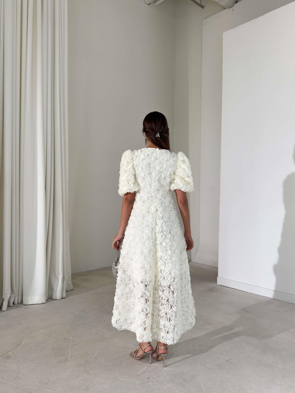 Gül Detaylı Astarlı Tül Ethereal Ekru Kadın Elbise 26K395