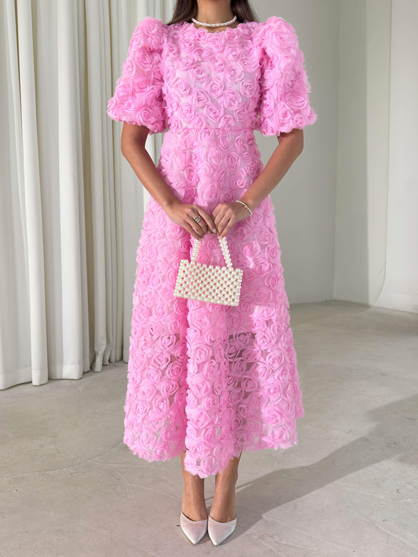 Gül Detaylı Astarlı Tül Ethereal Pembe Kadın Elbise 26K395