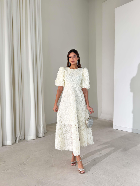 Gül Detaylı Astarlı Tül Ethereal Ekru Kadın Elbise 26K395
