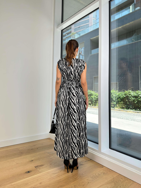 V Yaka Omuz Kısmı Büzgülü Ve Bağlamalı Evelina Kadın Desenli Siyah Uzun Elbise 24Y795