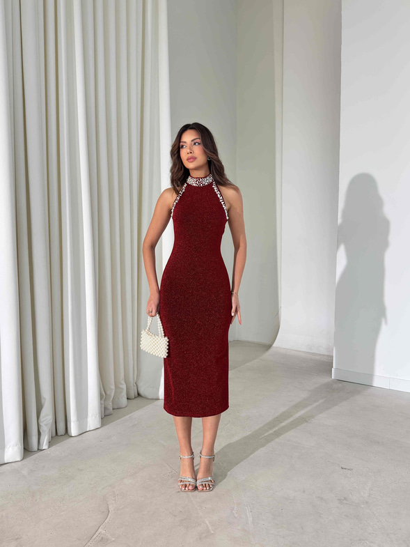 Taş Detaylı Parlak Evrin Bordo Kadın Elbise 26Y002