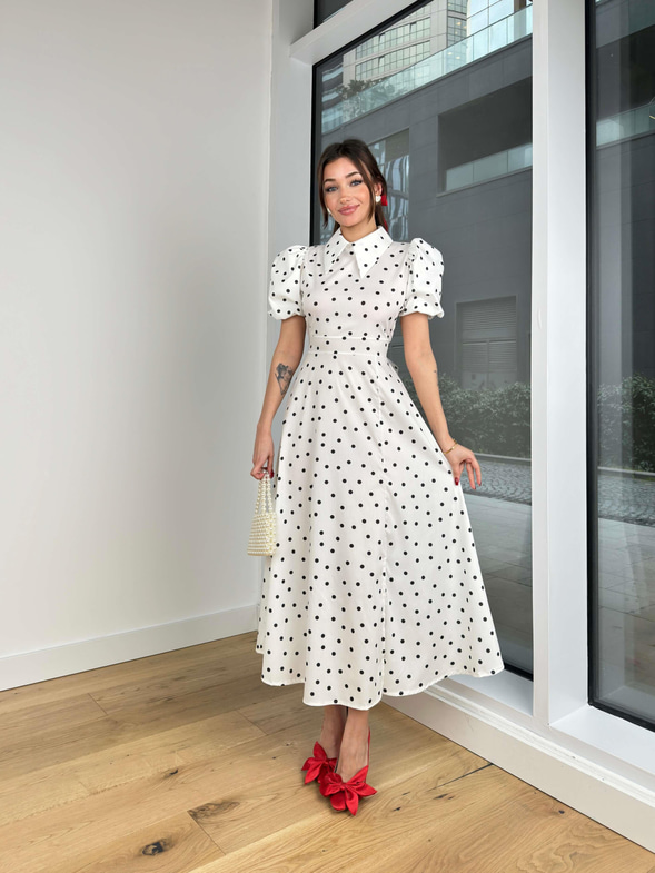 Gömlek Yaka Kısa Balon Kol Farid Kadın Puantiyeli Beyaz Elbise 24Y083