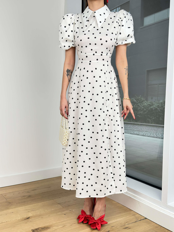 Gömlek Yaka Kısa Balon Kol Farid Kadın Puantiyeli Beyaz Elbise 24Y083